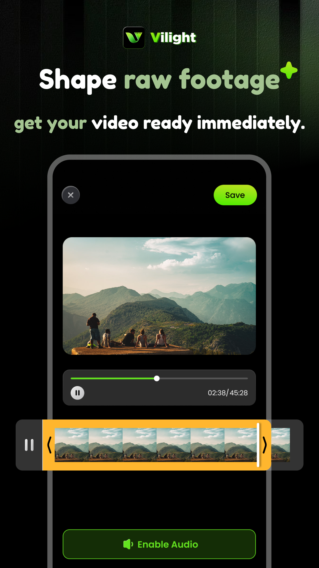 Vilight editing timeline with a video clip and audio controls