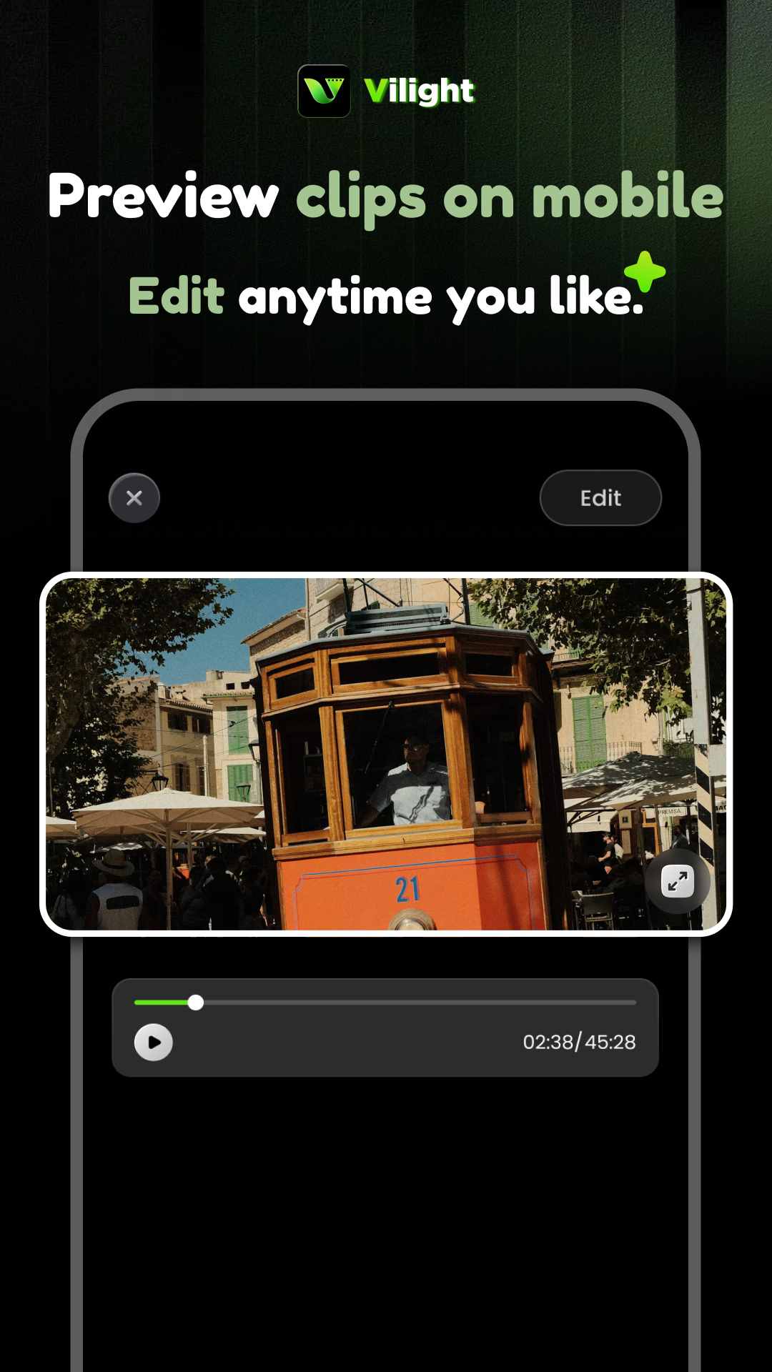 Vilight preview screen for reviewing a video clip
